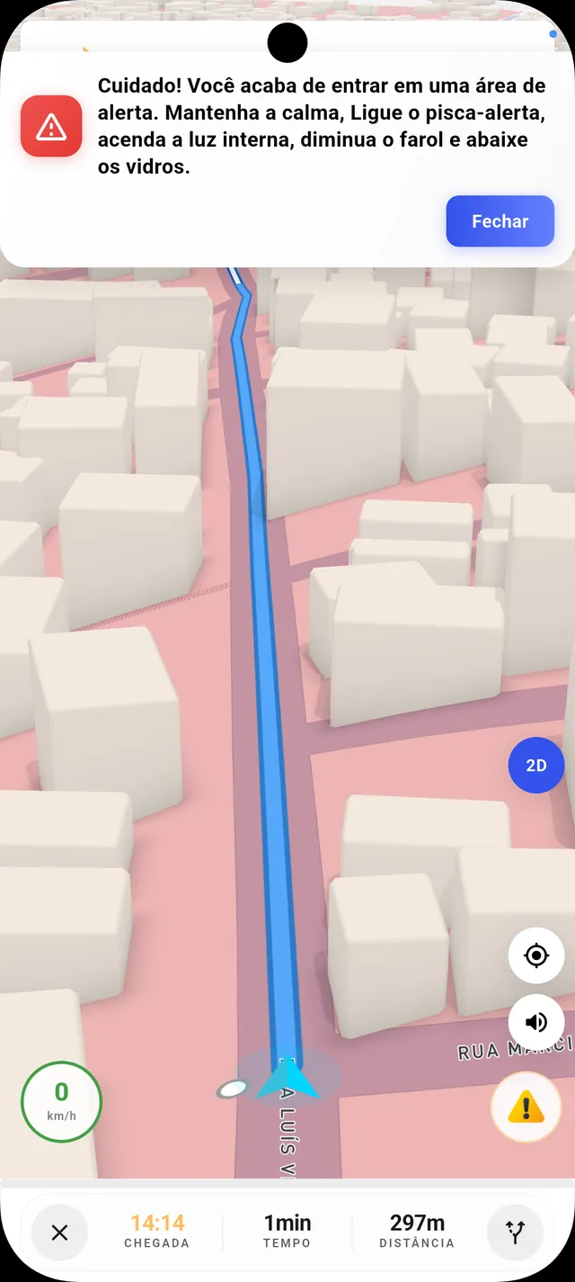 Tela do app avisando que você entrou numa área de alerta, com dicas de segurança