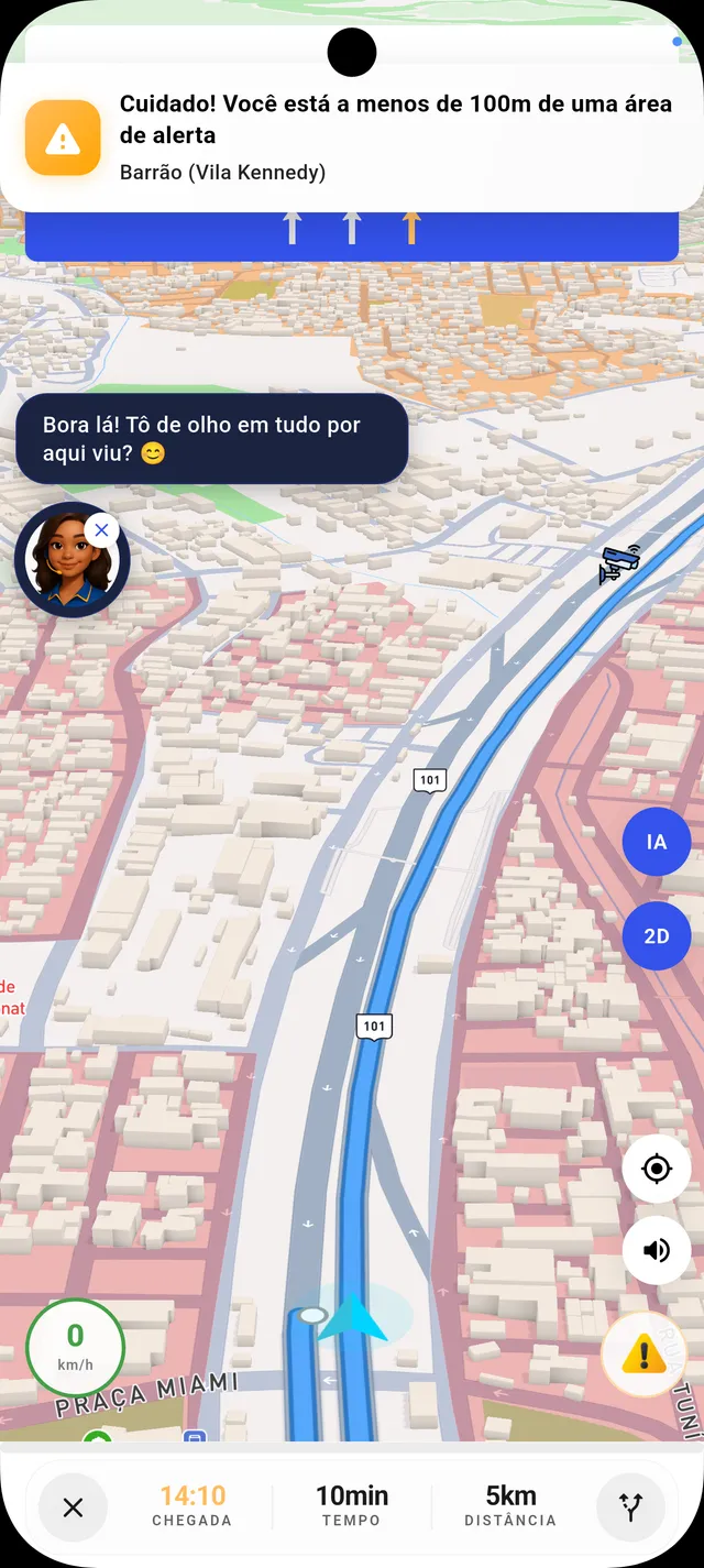 Tela do app avisando que você está a menos de 100&nbsp;m de uma área de alerta