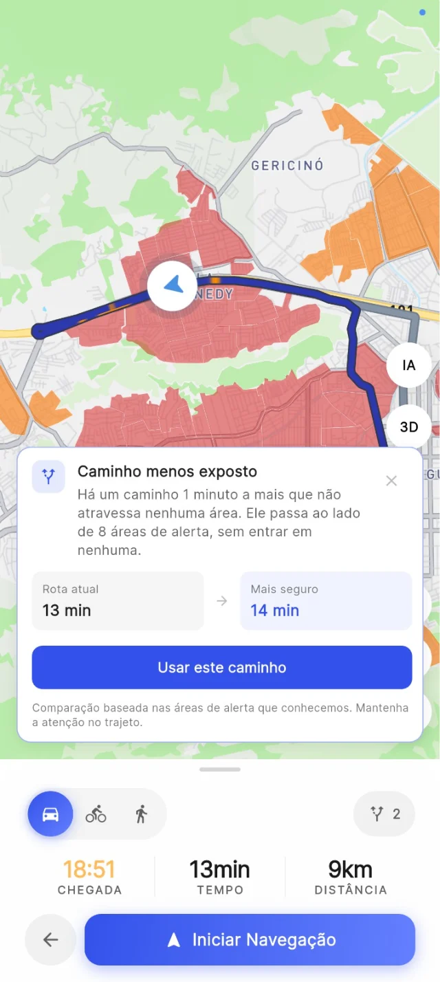 Tela do app sugerindo um caminho menos exposto, que não atravessa nenhuma área de alerta